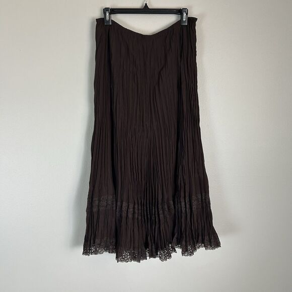 Dialogue Dresses & Skirts - Size L Brown Fairy Grunge Skirt Midi Lace Hem Crinkle Crepe Pleated Chocolate